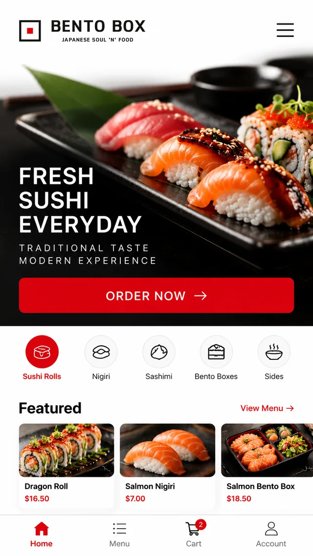 Startscreen der BENTO BOX App mit Kategorien und Empfehlungen