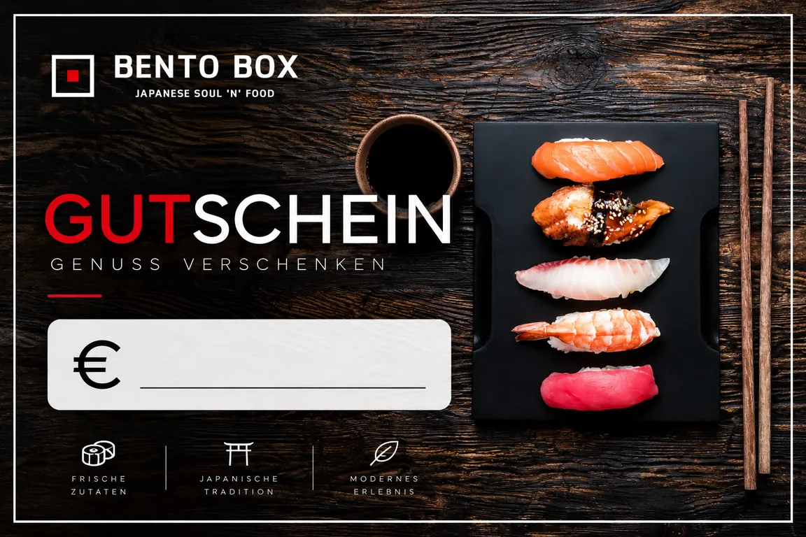 BENTO BOX Gutschein mit Nigiri auf dunklem Holz